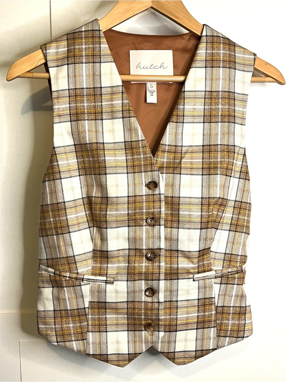 Hutch Women’s Size S Brown & Beige Plaid Button-Front Vest Metallic